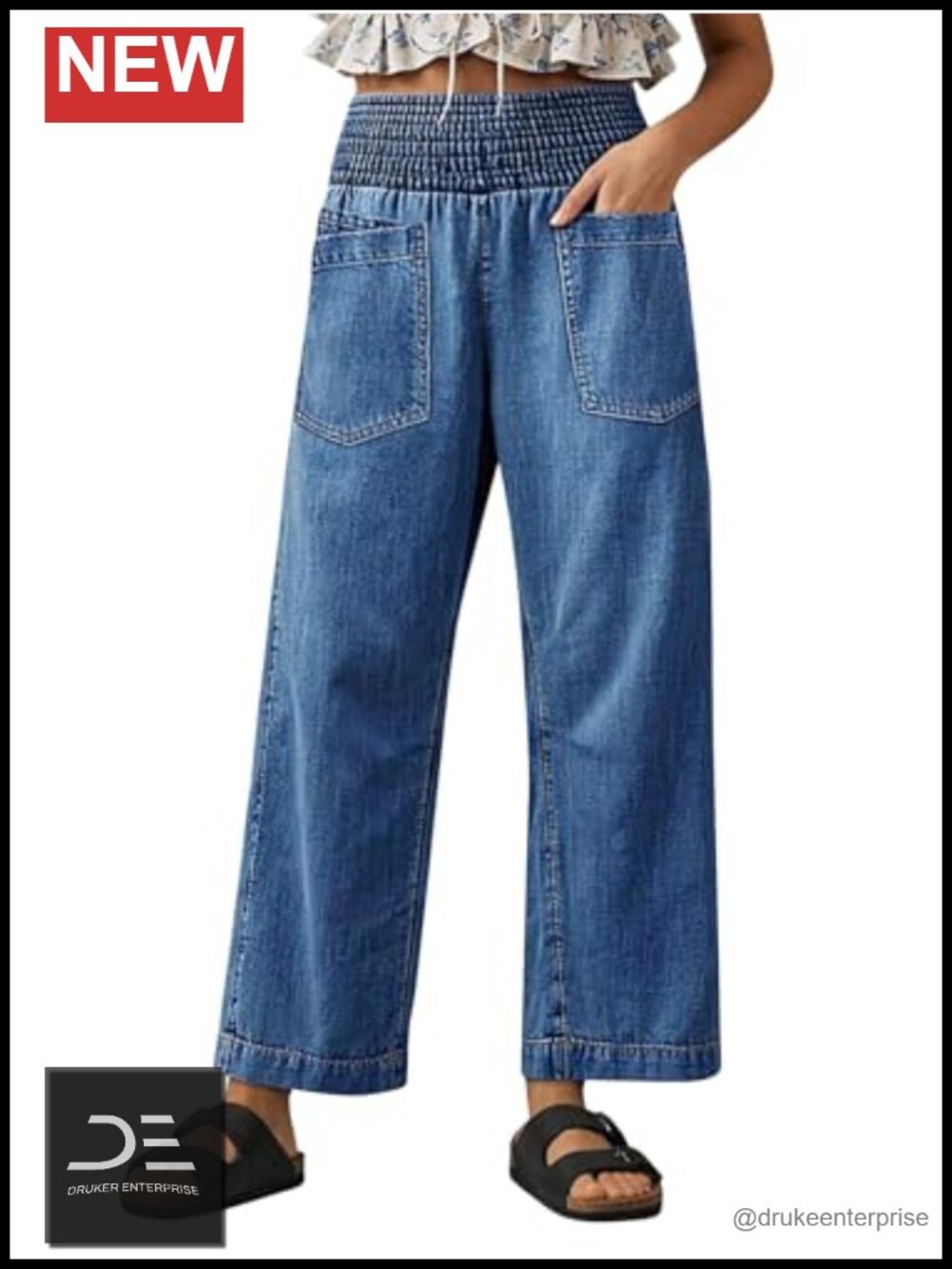 Flamingals Women's Pull-On Stretchy Wide Leg Jeans High Rise Casual Denim Pants